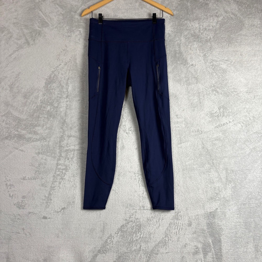 Athleta Rainier Tight Leggings Womens Medium Navy Blue High Rise Zip‎ Pockets